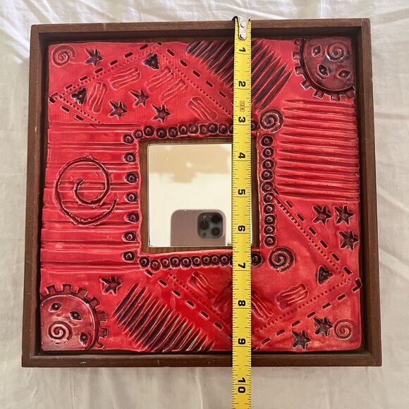 Ceramic Red Framed Mirror Hand Made 9.5 X 9.5 Stars Circles Sun - Picture 7 of 8